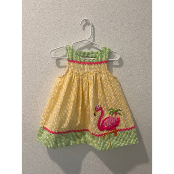 Emily Rose Other - Emily Rose Infant Girls Yellow Green Gingham Flamingo Seersucker Dress 18M